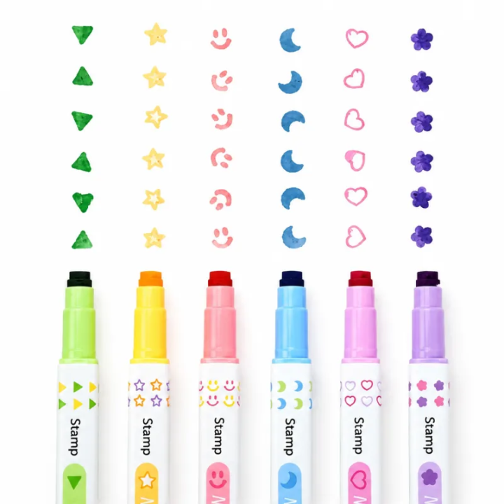 Six tampons décoratifs change-couleur : triangle, étoile, sourire, lune, cœur et fleur