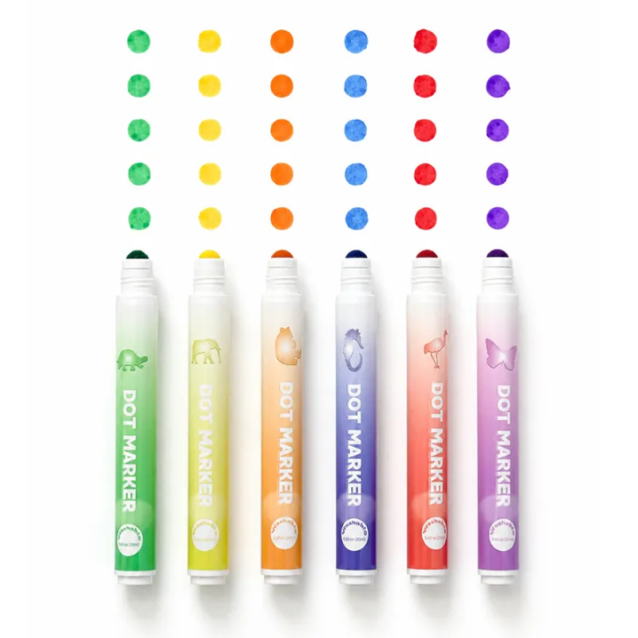 Six marqueurs tampons 20 ml avec embout rond : vert, jaune, orange, bleu, rouge et violet