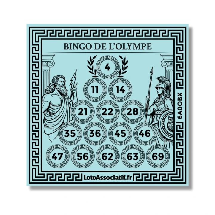 Bingo Olympe – détail du carton illustré et de sa numérotation