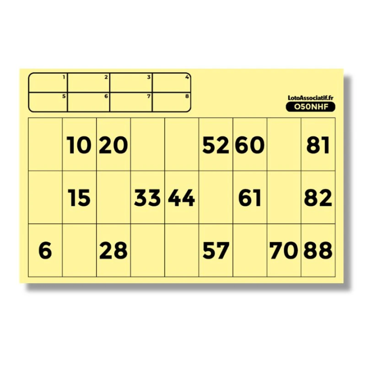 Cartons de loto 500 jaune recto – format officiel 15 numéros