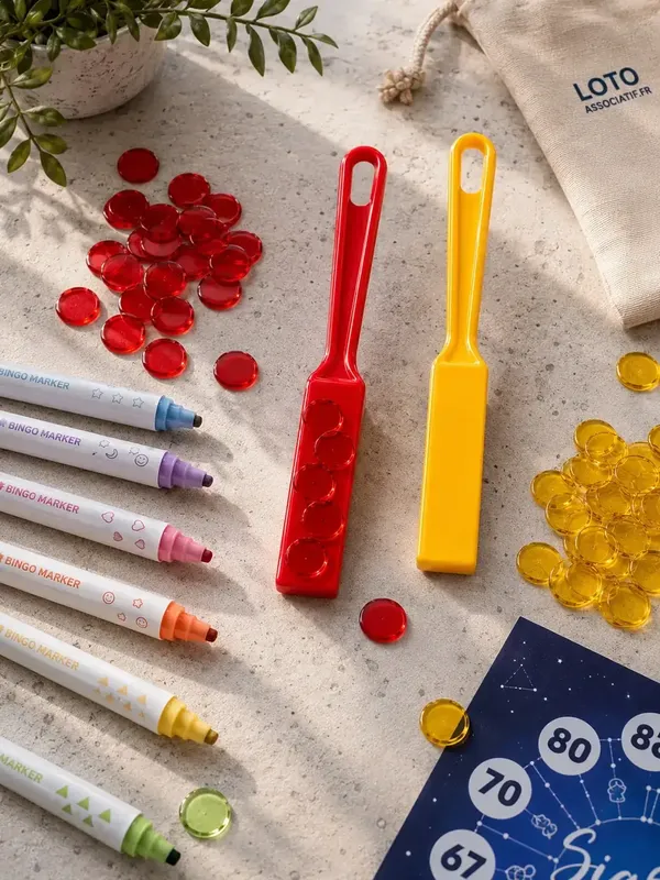 Marqueurs, jetons et accessoires pour loto et bingo