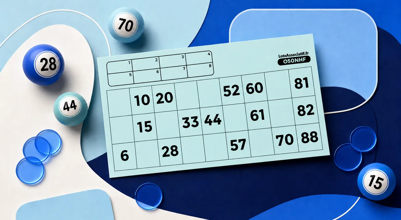 Carton de loto traditionnel bleu entouré de boules et de jetons