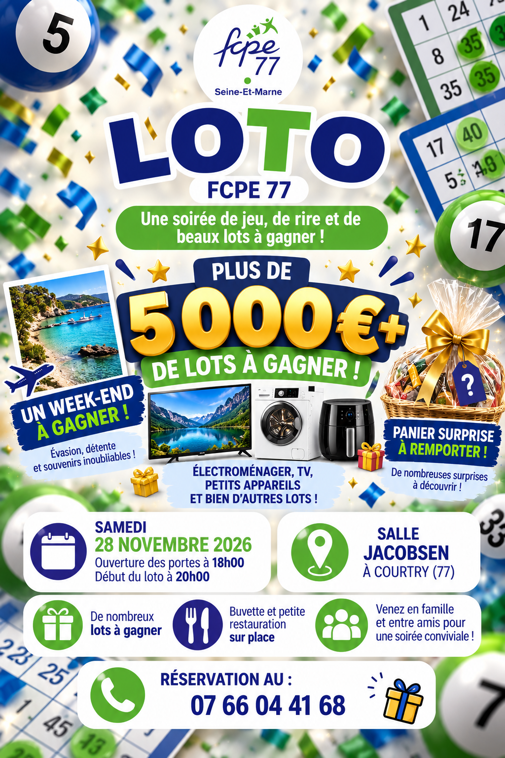 GRAND LOTO FCPE 77 : PLUS DE 5 000 € DE LOTS À GAGNER ! — loto associatif à Courtry